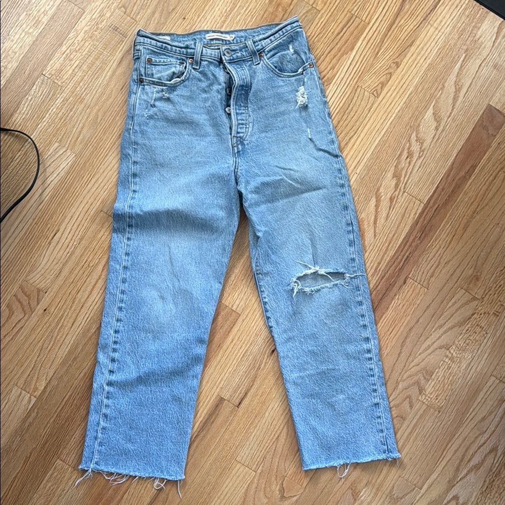 Levi's Blue Straight Leg Jeans with Distressed Details